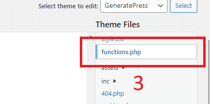Step-2: On the right-hand side sidebar click on the functions.php file